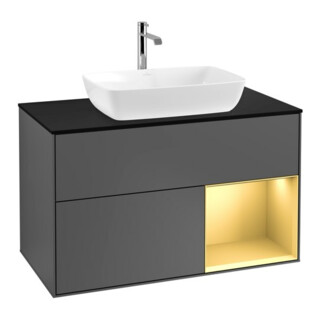 V&B Meuble sous lavabo Finion 100, bleu clair mat, rangement doré mat, anthracite mat