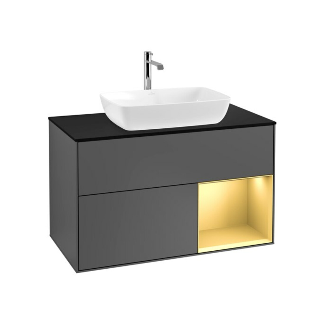 V&B Meuble sous lavabo Finion 100, bleu clair mat, rangement doré mat, anthracite mat