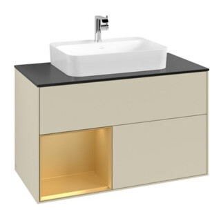 V&B Meuble sous lavabo Finion 100, bleu clair mat, tiroir gauche, poignée argent mat, laqué