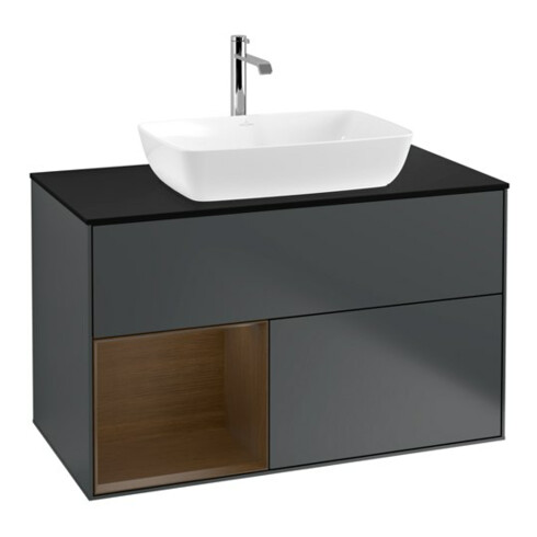 V&B Meuble sous-lavabo Finion 100, bleu clair, placage noyer, avec miroir bleu clair Lac