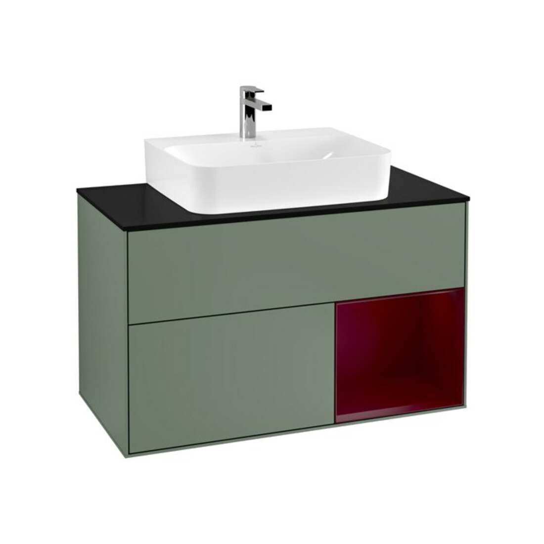 V&B Meuble sous lavabo Finion 100, bleu clair, porte à droite, poignée olivier mat laqué