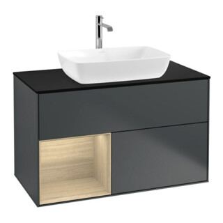 V&B Meuble sous-lavabo Finion 100, bleu clair, porte battante, avec miroir, bleu pâle, laqué