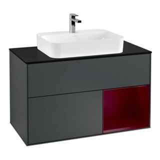 V&B Meuble sous lavabo Finion 100, bleu clair, porte droite, avec miroir et laque