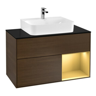 V&B Meuble sous lavabo Finion 100, bleu clair, porte droite, chêne sauvage