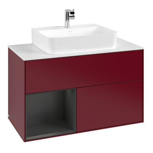 V&B Meuble sous-lavabo Finion 100, bleu clair, porte gauche, miroir, poignée métal