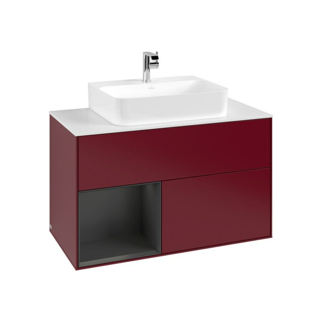 V&B Meuble sous-lavabo Finion 100, bleu clair, porte gauche, miroir, poignée métal