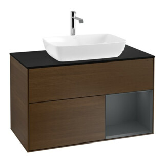 V&B Meuble sous lavabo Finion 100, bleu clair, porte médiane, laqué, placage noyer