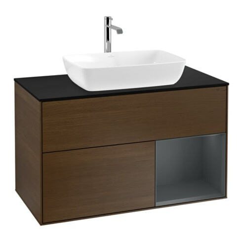 V&B Meuble sous lavabo Finion 100, bleu clair, porte médiane, laqué, placage noyer