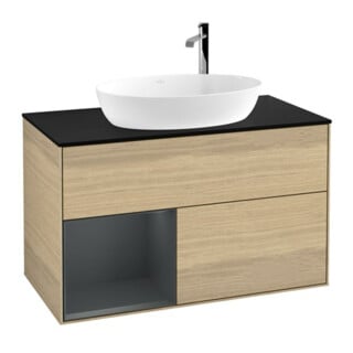 V&B Meuble sous lavabo Finion 100, bleu clair, portes à fermeture douce, chêne naturel
