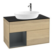 V&B Meuble sous lavabo Finion 100, bleu clair, portes à fermeture douce, chêne naturel
