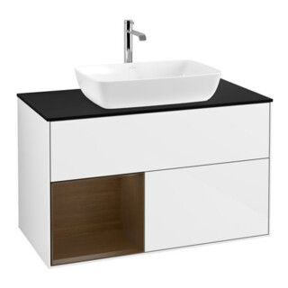 V&B Meuble sous lavabo Finion 100, bleu clair, rangement mural, blanc brillant, laqué