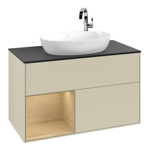 V&B Meuble sous lavabo Finion 100, bleu clair, rangement ouvert, poignée gris mat laqué