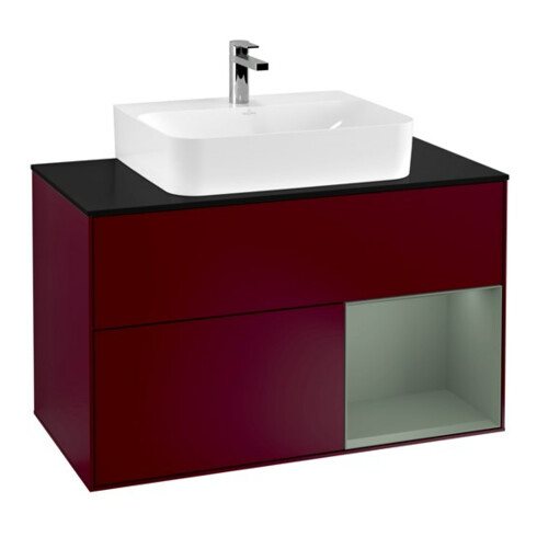 V&B Meuble sous lavabo Finion 100, bleu clair, tiroir à droite, huilé, laqué, poignée métallique