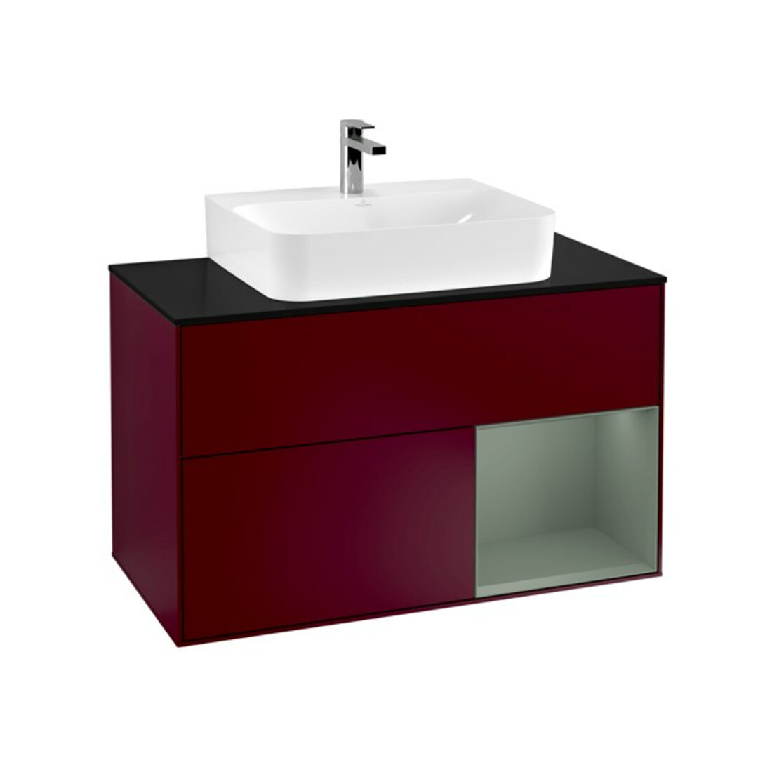 V&B Meuble sous lavabo Finion 100, bleu clair, tiroir à droite, huilé, laqué, poignée métallique