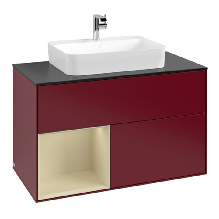 V&B Meuble sous lavabo Finion 100, bleu clair, tiroir gauche, gris moyen, laqué, poignée métal
