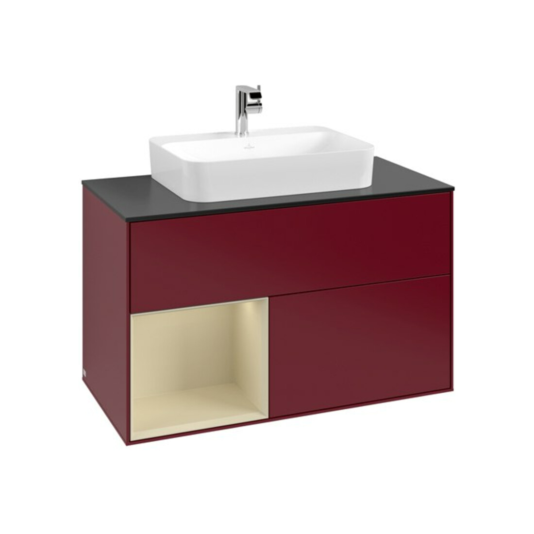 V&B Meuble sous lavabo Finion 100, bleu clair, tiroir gauche, gris moyen, laqué, poignée métal