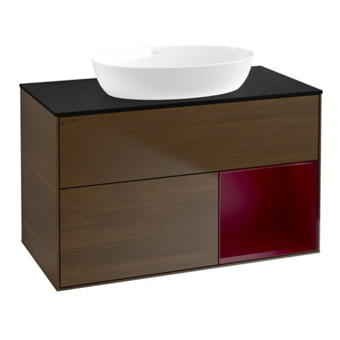 V&B Meuble sous lavabo Finion 100, bleu clair, tiroir, laqué, noyer veiné