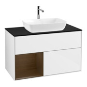 V&B Meuble sous lavabo Finion 100, bleu, éclairage mural, étagère bois, blanc brillant.