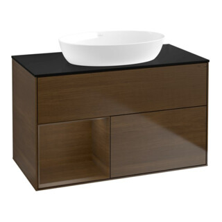 V&B Meuble sous-lavabo Finion 100, bleu, éclairage mural, étagère en noyer veneer