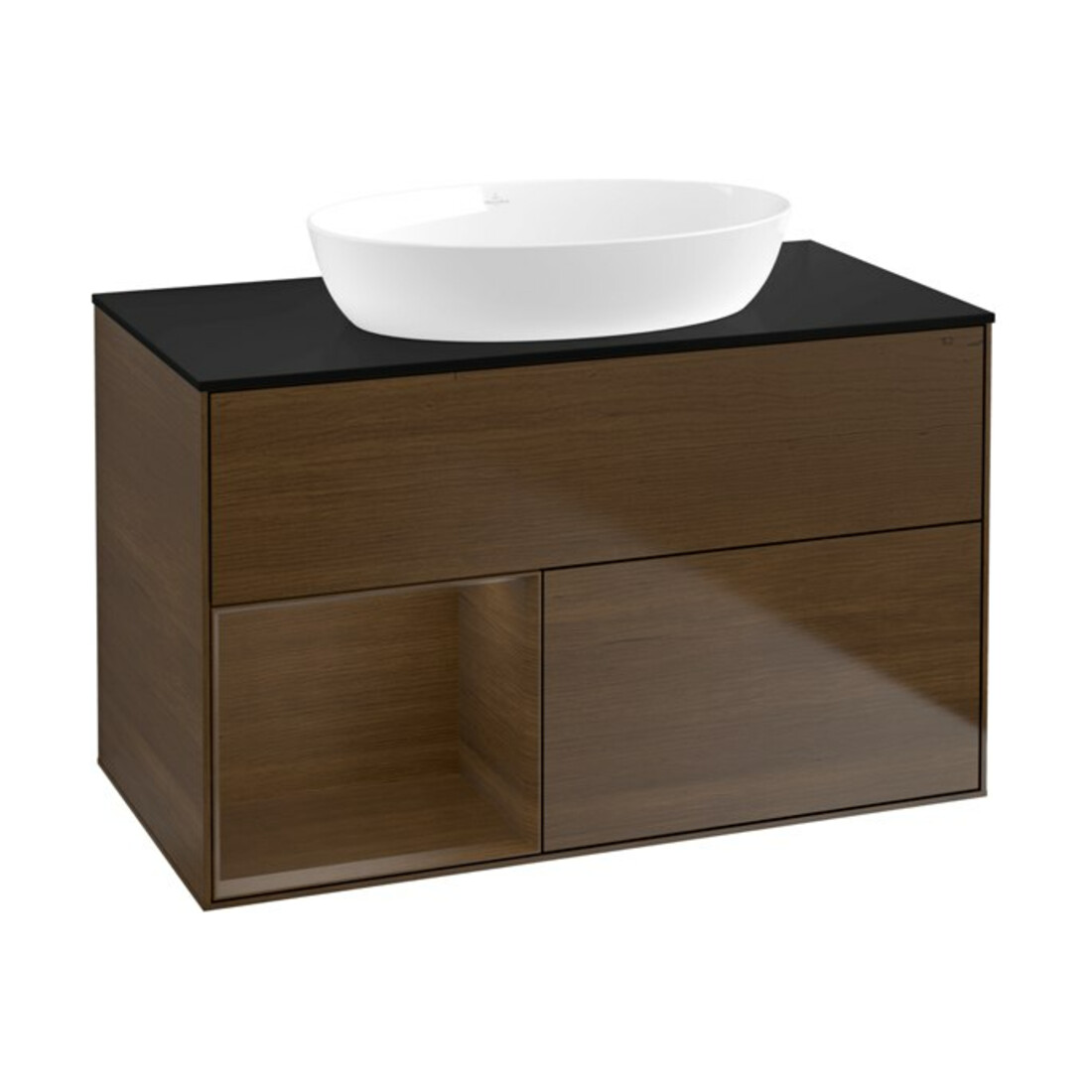 V&B Meuble sous-lavabo Finion 100, bleu, éclairage mural, étagère en noyer veneer