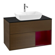 V&B Meuble sous-lavabo Finion 100, bleu, éclairage mural, laqué, noyer veinée