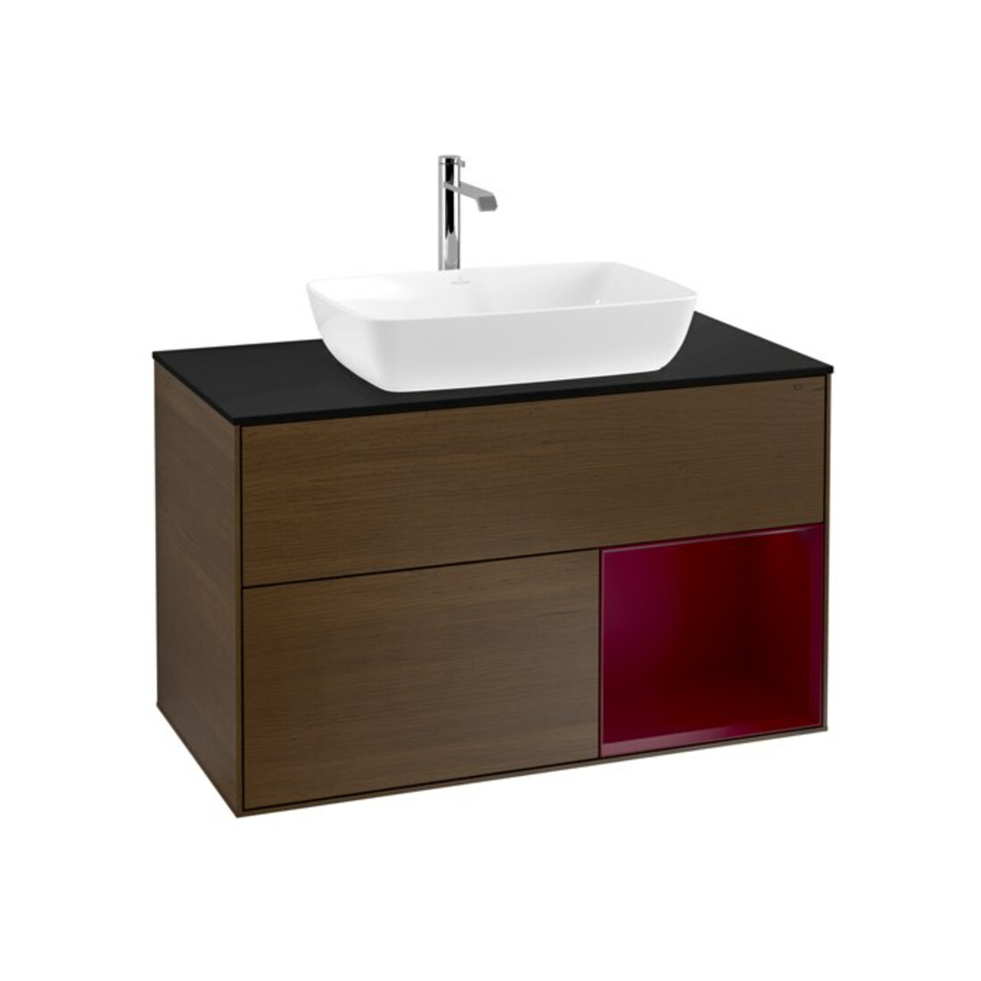 V&B Meuble sous-lavabo Finion 100, bleu, éclairage mural, laqué, noyer veinée