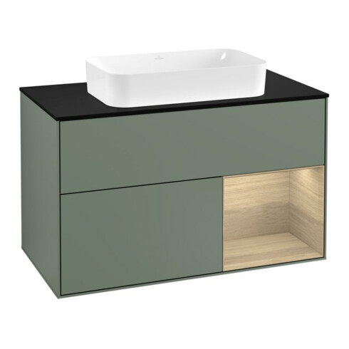 V&B Meuble sous-lavabo Finion 100, bleu, éclairage mural, réglable à droite, olivier mat laqué