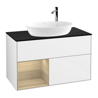 V&B Meuble sous-lavabo Finion 100, bleu, éclairage mural, réglette, blanc brillant, laqué