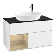 V&B Meuble sous-lavabo Finion 100, bleu, éclairage mural, réglette, blanc brillant, laqué