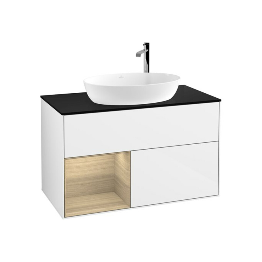 V&B Meuble sous-lavabo Finion 100, bleu, éclairage mural, réglette, blanc brillant, laqué