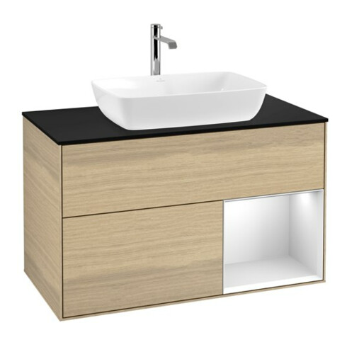 V&B Meuble sous-lavabo Finion 100, bleu, étagère blanche, éclairage mural