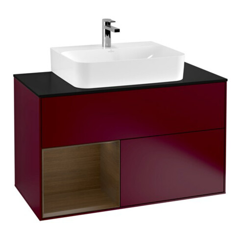 V&B Meuble sous-lavabo Finion 100, bleu, étagère gauche, éclairage mural, Peo m