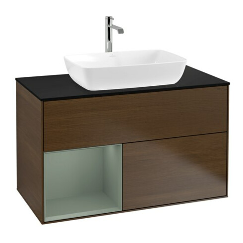 V&B Meuble sous lavabo Finion 100, bleu, étagère, laqué, noyer veinée