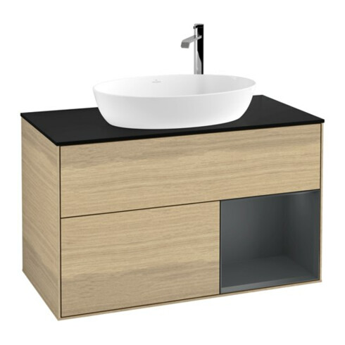 V&B Meuble sous lavabo Finion 100, bleu, étagère médiane, laqué, éclairage mural