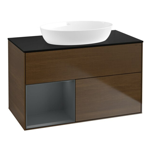 V&B Meuble sous lavabo Finion 100, bleu, étagère moyenne, laqué, noyer veinée