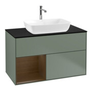 V&B Meuble sous-lavabo Finion 100, bleu, étagère, olivier mat laqué, éclairage mural