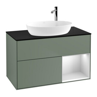 V&B Meuble sous lavabo Finion 100, bleu mat, étagère blanc mat laqué, huile mat laqué