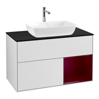 V&B Meuble sous lavabo Finion 100, bleu mat, étagère en bois laqué, blanc laqué