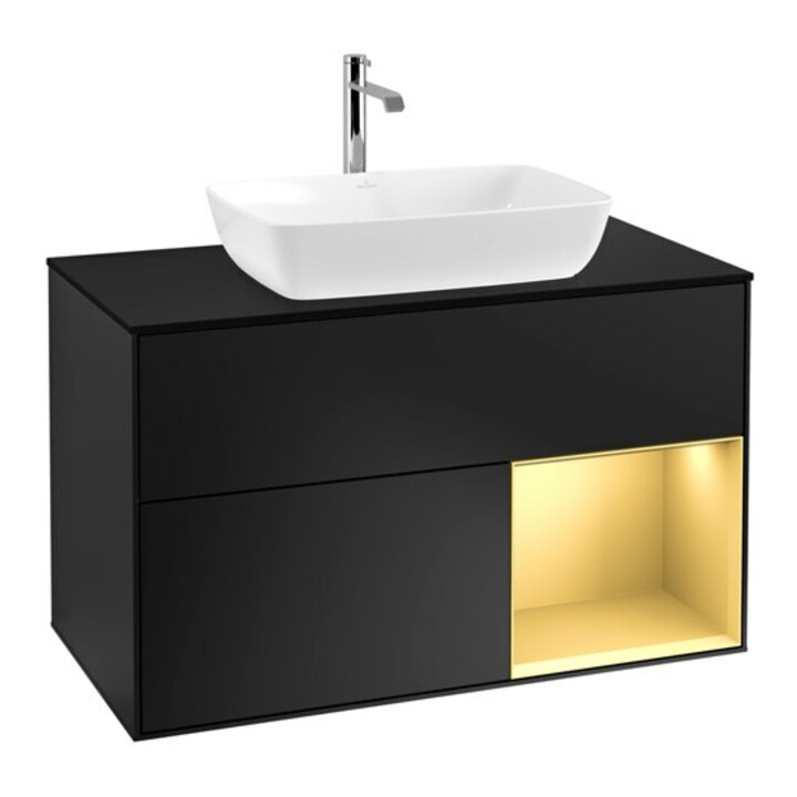 V&B Meuble sous lavabo Finion 100, bleu mat, étagère or mat laqué, bleu mat laqué
