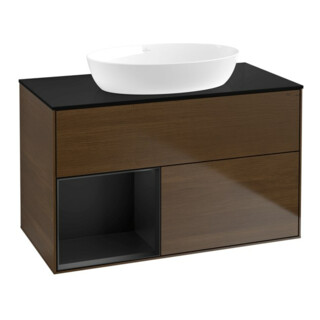 V&B Meuble sous lavabo Finion 100, bleu mat, laqué mat, noyer veinée