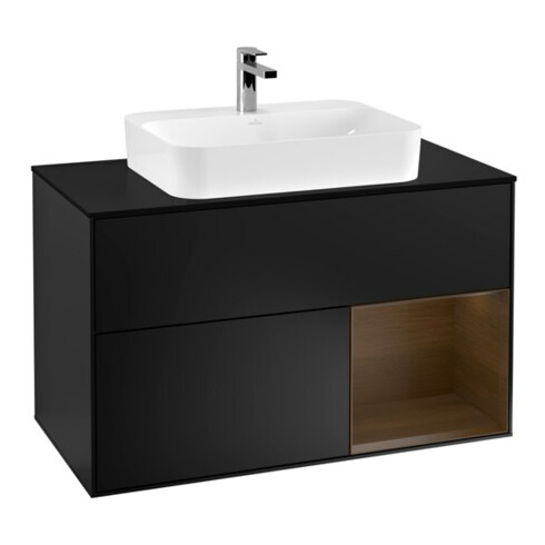 V&B Meuble sous lavabo Finion 100, bleu mat, porte droite, façade bois bleu mat Lac