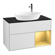 V&B Meuble sous lavabo Finion 100, bleu mat, rangement doré mat laqué, blanc mat laqué