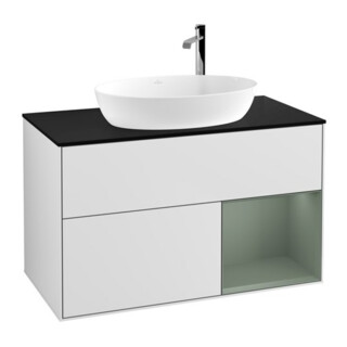 V&B Meuble sous lavabo Finion 100, bleu mat, rangement huile mat, blanc mat