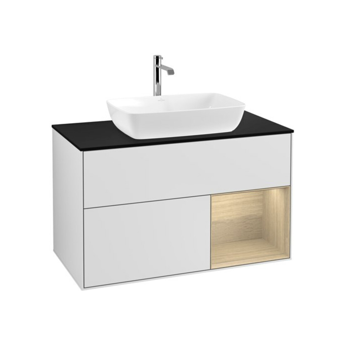 V&B Meuble sous-lavabo Finion 100, bleu pâle, avec étagère ouverte, blanc laqué