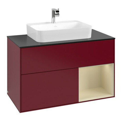 V&B Meuble sous lavabo Finion 100, bleu pâle, réglette droite, verre mat, poignée mat