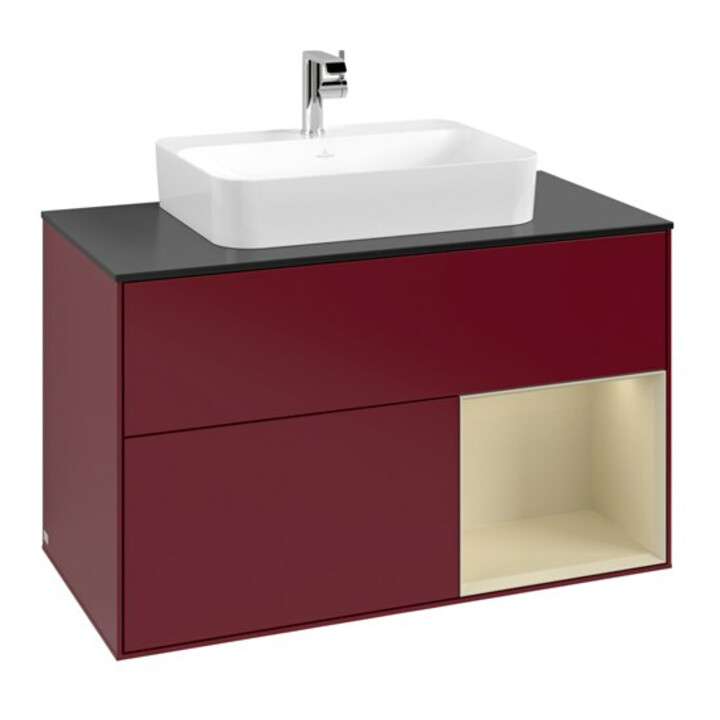 V&B Meuble sous lavabo Finion 100, bleu pâle, réglette droite, verre mat, poignée mat