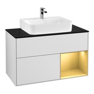 V&B Meuble sous-lavabo Finion 100, bleu, porte battante, blanc, laqué