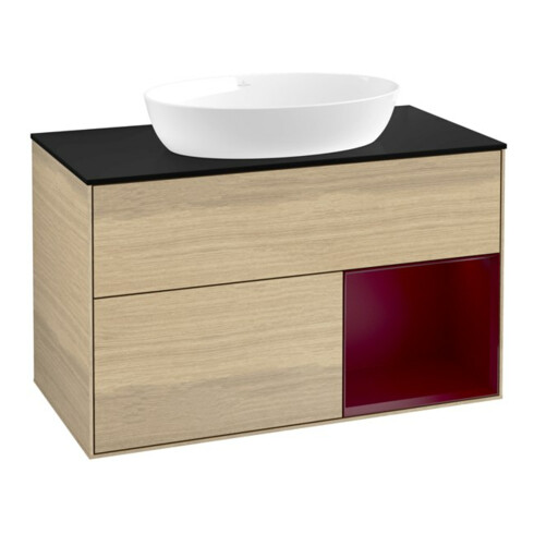 V&B Meuble sous lavabo Finion 100, bleu, porte battante, laqué, ouverture push-to-open