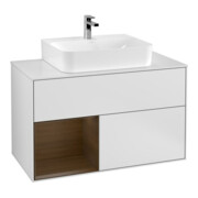 V&B Meuble sous lavabo Finion 100, bleu, porte droite, blanc laqué