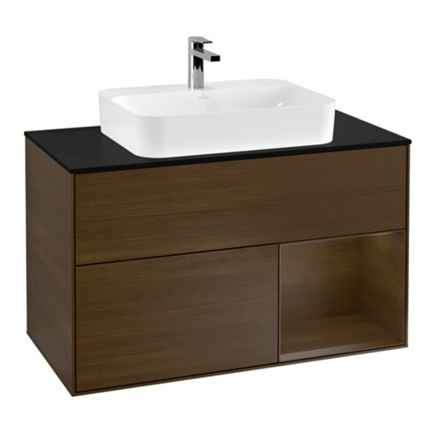 V&B Meuble sous lavabo Finion 100, bleu, porte droite, poignée en noyer